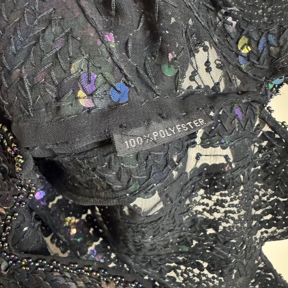 Vintage Iris Sequin Top Womens Medium Black Iridescent Beaded Party Blouse 80s - Picture 8 of 14